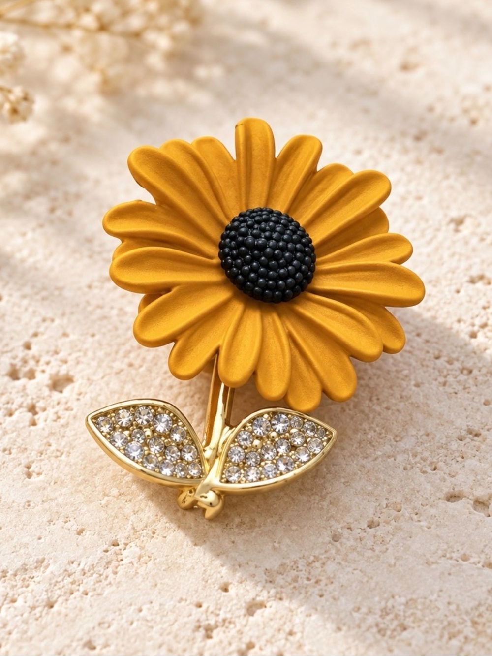 Gold-Tone Yellow Sunflower Crystal Leaf Brooch